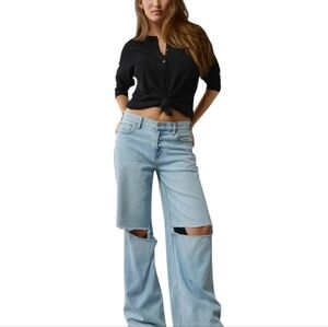 New Women's 100% Cotton Aerie Henley Long Sleeve Black Knit Top 1/4" Button Top